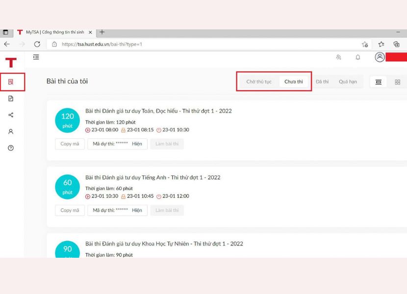 Vào mục Bài thi để xem danh sách các bài thi đã đăng ký